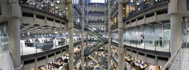 Interior of Lloyd's Building in London, Britain